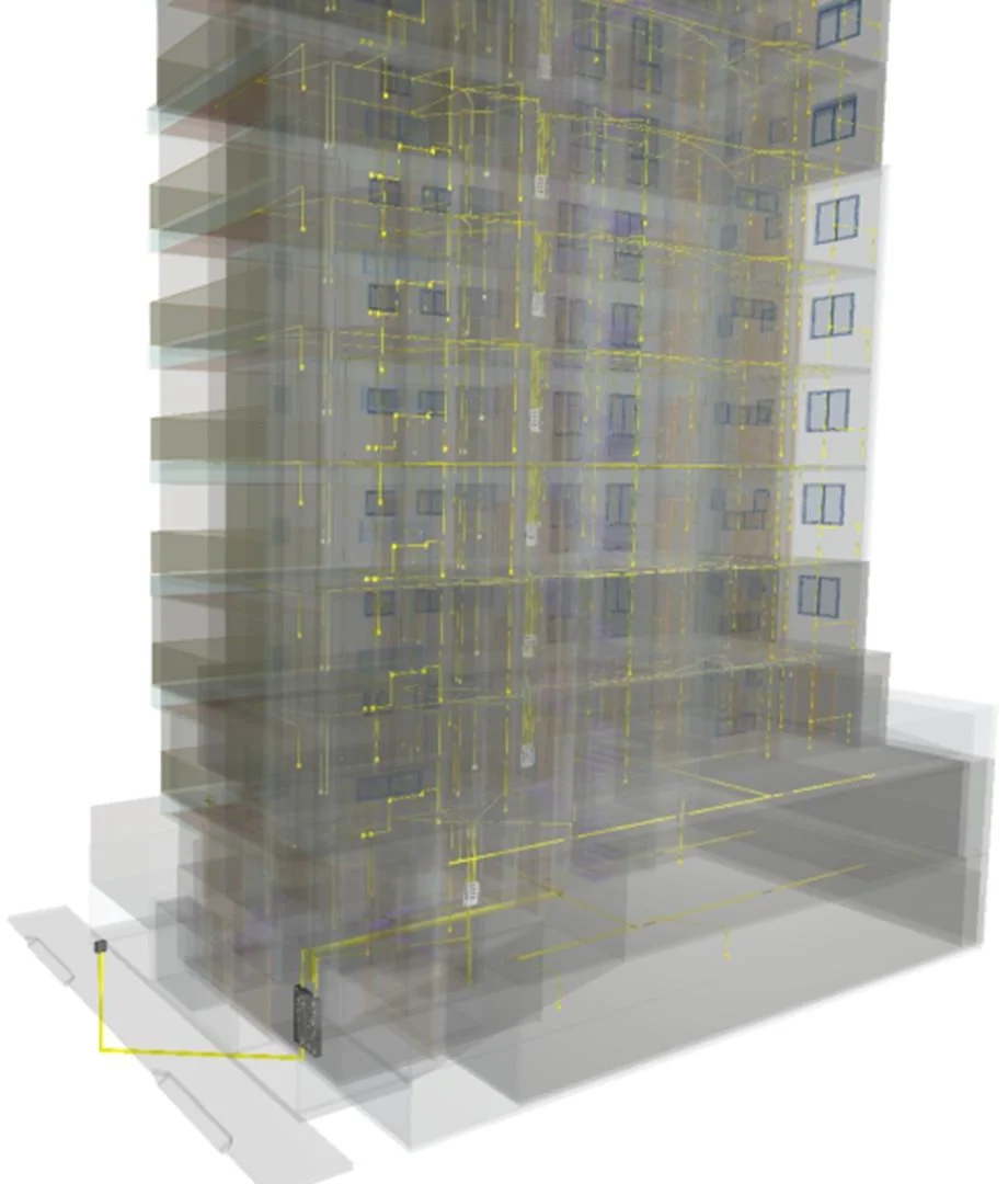 Modelo BIM do edifício de 13 pavimentos em Santa Catarina, com instalações elétricas distribuídas pelos andares